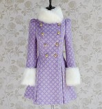粉红大布娃娃淡紫色镶白毛领气质收腰大摆显瘦双排扣毛呢大衣外套