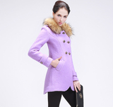 秋冬季新款韩版修身中款羊毛呢外套女式双排扣真毛领显瘦呢子大衣