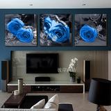 蓝玫瑰花卉画 壁画沙发墙画装饰画 现代无框画客厅三联画 热卖款
