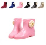 雨鞋 茶花韩版欧美水晶果冻鞋女士平跟短筒马丁雨靴水靴橡胶鞋