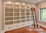 欧式白色书柜 实木带梯子 北京田园家具定制 美式简约书架组合柜