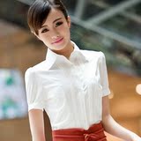 2016夏装新款韩版女式通勤修身短袖白色衬衫 职业弹力雪纺衬衣