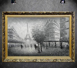 手绘油画欧式巴黎街景【巴黎铁塔】有框画客厅卧室酒店挂画黑白景
