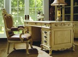 艾特利欧式家具,美式象牙白做旧,实木手工雕花弧形书桌,写字台