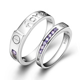 PT950纯银 镀铂金誓言紫水晶情侣戒指 对戒食指 生日礼物 可刻字
