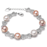 正品新款特惠 925纯银镶嵌锆石天然淡水珍珠手链9-10mm混白粉色女