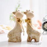 创意欧式田园窑变陶瓷铃铛小鹿摆件设长颈对鹿家居装饰品生日礼物
