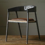 美式乡村单人餐桌椅做旧仿复古矿工业风铁艺实木坐垫办公椅带扶手