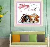 爱琪精准印布十字绣钟表两只小狗十字绣趴趴狗幸福时刻动物系列