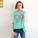 春夏新款2016 韩版女装短袖t恤 女条纹透视袖子拼接薄荷绿宽松T恤