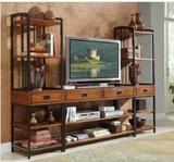 新古典电视柜 铁艺边柜书架 后现代木质书柜带抽屉三件套电视柜