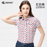 波顿Boton 女式格子短袖衬衫 修身百搭棉布格子衬衣 LS701