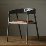 美式乡村单人餐桌椅做旧仿复古矿工业风铁艺实木坐垫办公椅带扶手