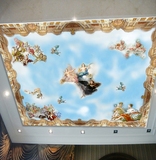 天空墙纸吊顶天花板壁画墙纸 油画西方欧式蓝天白云 天使之顶