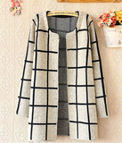 2014春新款韩版女装圆领格子长袖针织开衫中长款宽松毛衣外套