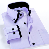 夏季薄款双领白衬衫男长袖韩版修身青年纯色休闲衬衣男士衬衫