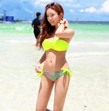 【特价】欧美韩版分体泳衣泳装女性感 荧光黄 比基尼斜肩大牌
