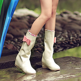 高筒甜美雨靴青年素色漆皮女士交叉防滑保暖水靴新款加绒防水雨鞋