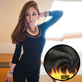 蘑菇街2015冬季新款韩版网纱拼接大码上衣针织T恤 加绒加厚打底衫