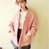 2014韩国名媛小香风气质短款羊毛呢子外套蝙蝠袖藕粉色外套
