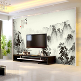 中式客厅无纺布墙纸3d电视背景墙壁纸大型壁画无缝影视墙布山水情