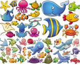 EPS矢量卡通海洋动物鲸鱼螃蟹墙贴纸幼儿园墙画印刷素材