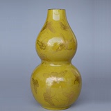 清代 黄釉描金蝴蝶纹葫芦瓶  古玩古董老瓷器收藏品包老保真包老
