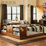 多功能美式儿童床 全实木床公主床储物床 带书柜收纳柜矮床 定制