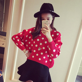 秋装女装新款2015韩版甜美木耳边波点印花套头毛衣短款针织衫