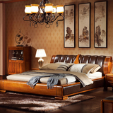 定制 现代中式 实木床 双人床  1.8米头层牛皮 楠木床 皮床 婚床