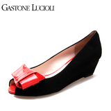 Gastone lucioli歌斯东尼优雅淑女鱼嘴坡跟女鞋 蝴蝶结拼色单鞋