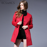 伊丝卡丝2015冬装新款欧美显瘦毛呢外套 女中长款红色呢子大衣