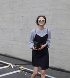 韩国东大门代购2016夏装新款七分袖条纹T恤+不规则吊带连衣裙套装
