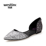 Westlink西遇春季新款公主范撞色亮片中空鞋尖头平底鞋女浅口单鞋
