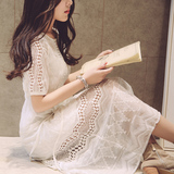 夏季小香风两件套白色蕾丝连衣裙中长款韩国海边度假雪纺沙滩裙