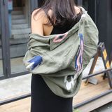 韩国代购2016重磅复古军绿亚麻刺绣工装风设计师款长袖衬衫外套女