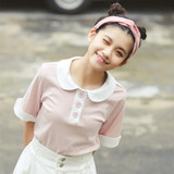 夏装新款韩版甜美学院风娃娃领排扣拼接可爱POLO衫短袖T恤女上衣