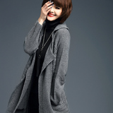 2016秋新款韩版大翻领长袖显瘦修身粗针长款针织女开衫毛衣外套