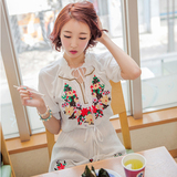 2015夏装新款韩版刺绣民族风上衣复古衬衫修身收腰正品绣花衬衣女