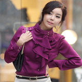【天天特价】新款韩版女装衬衫长袖立领荷叶边职业修身打底雪纺衫