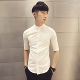 英伦府男装2016夏装韩版男士修身中袖衬衫白色立领五分袖棉麻衬衣