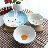 创意纯手绘动物碗套装儿童宝宝饭碗可爱日式卡通陶瓷碗三件套家用