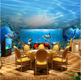 海底世界海洋鱼壁纸 卡通海豚儿童房3D壁画 餐厅酒楼主题包厢墙纸