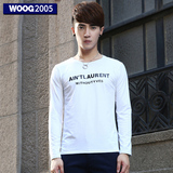 WOOG2005韩版男装2016春季男士莱卡棉长袖T恤白色圆领打底衫