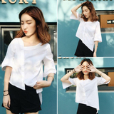 2016夏季新品韩版女装不规则纯色简约短袖白衬衫上衣打底衫女学生