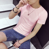 夏季粉色短袖男t恤汗衫半袖紧身体恤男圆领上衣潮男韩版修身纯色