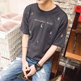 夏季新款韩版个性潮流棉质修身卡通刺绣青少年小清新暖男短袖T恤
