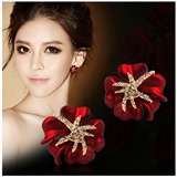 韩国女高端海星水钻耳钉红色玫瑰花耳环防过敏镀银新娘结婚饰品