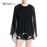 MO&Co.斗篷式衬衫女中长款欧美雪纺蕾丝拼接纯色修身衬衣褶裥moco