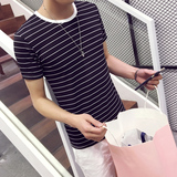 夏季韩版体恤圆领男士短袖t恤学生日系海魂衫修身条纹半袖上衣服